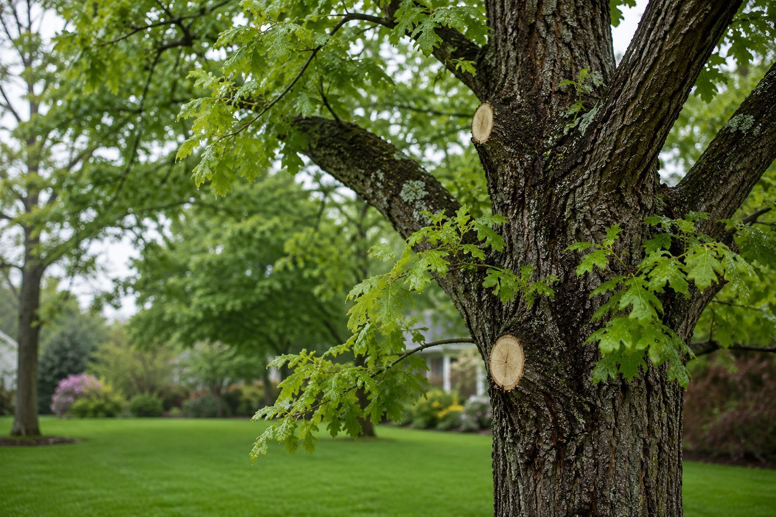 Tree trunk with fresh green leaves in a grassy park on an overcast day