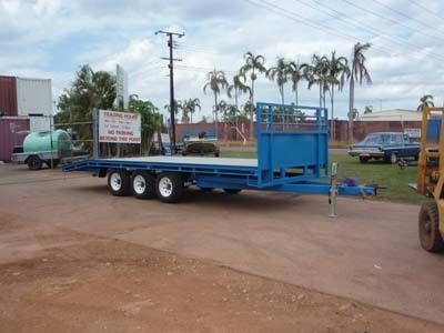 Blue Flatbed Trailer Parked — Voyager Trailers in Yarrawonga, NT
