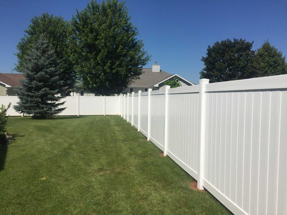 Sunny backyard with green lawn, white vinyl fence, and tall trees under a blue sky