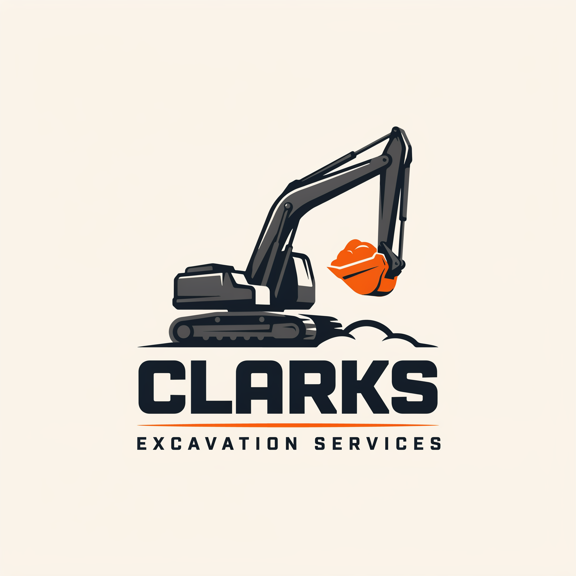 Logo for CLARKS Excavation Services with a black excavator and orange bucket on a light background