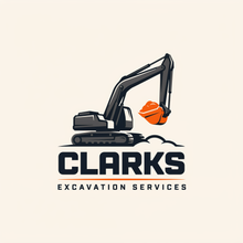 Logo for CLARKS Excavation Services with a black excavator and orange bucket on a light background