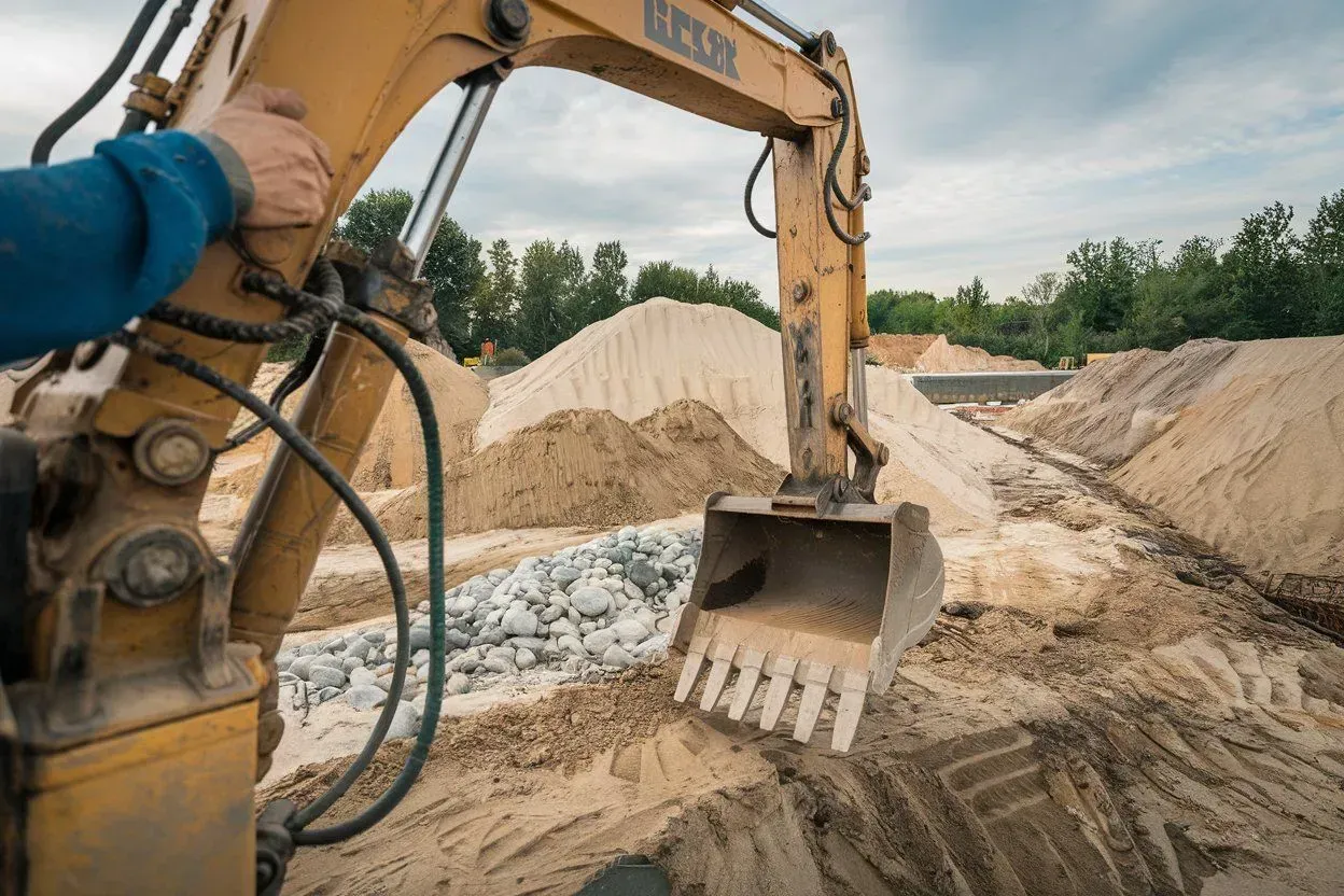 Excavator bucket digging sandy soil at a construction site with sand piles and muddy tracks.