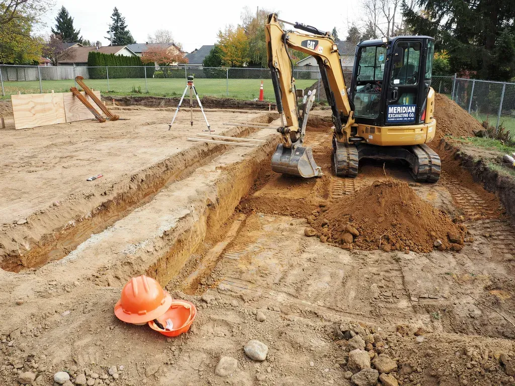 Yellow excavator digging a trench at a muddy construction site with orange hard hats in the foreground