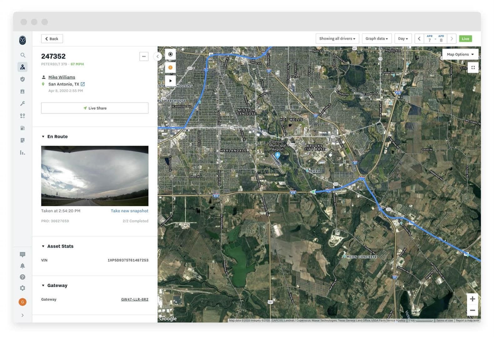 Satellite map interface showing a blue route line over a city and surrounding green areas | Adaptive Fleet Management