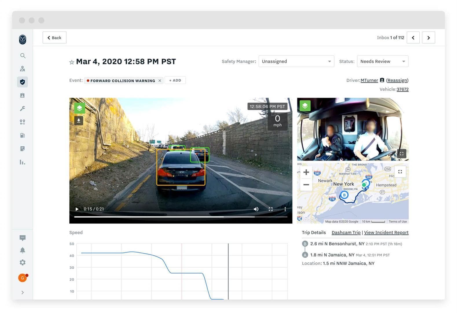 Driving dashboard screen with road video, map, and graph showing a vehicle route from inside a car | Adaptive Fleet Management
