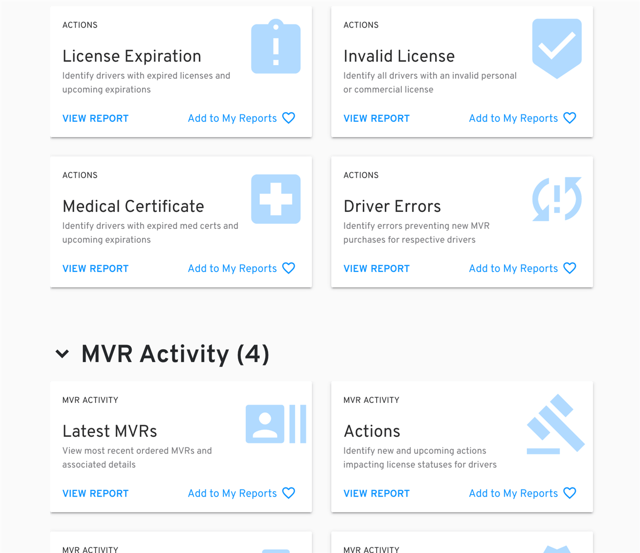 Dashboard with four status tiles: License Expiration, Invalid License, Medical Certificate, and Driver Errors. | Adaptive Fleet Management