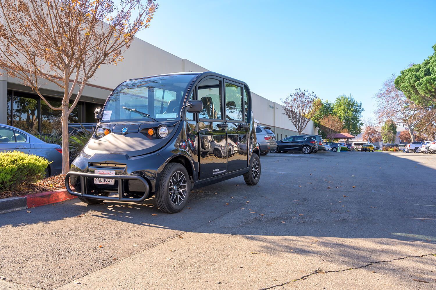 Small black electric microcar parked on a sunny street beside a building and trees | Adaptive Fleet Management