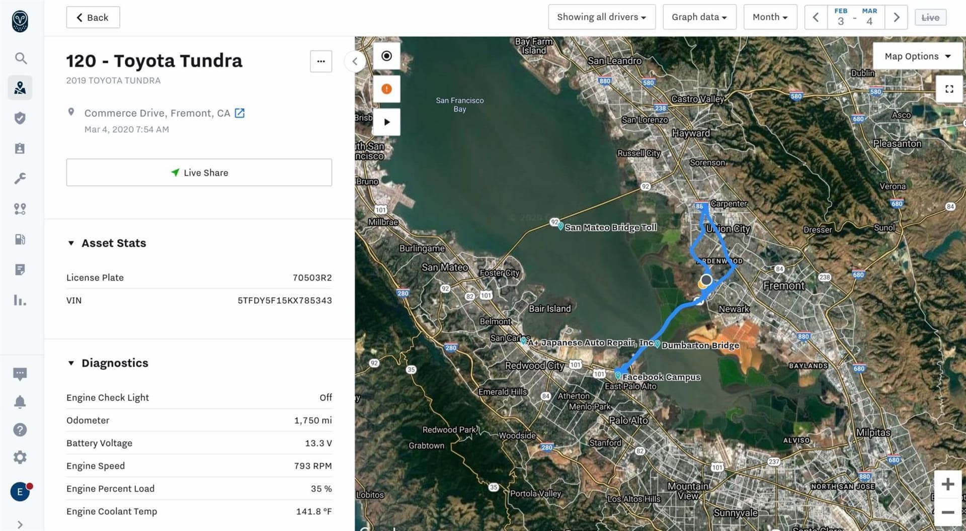 Map interface showing a route across a satellite view with a left-side details panel. | Adaptive Fleet Management