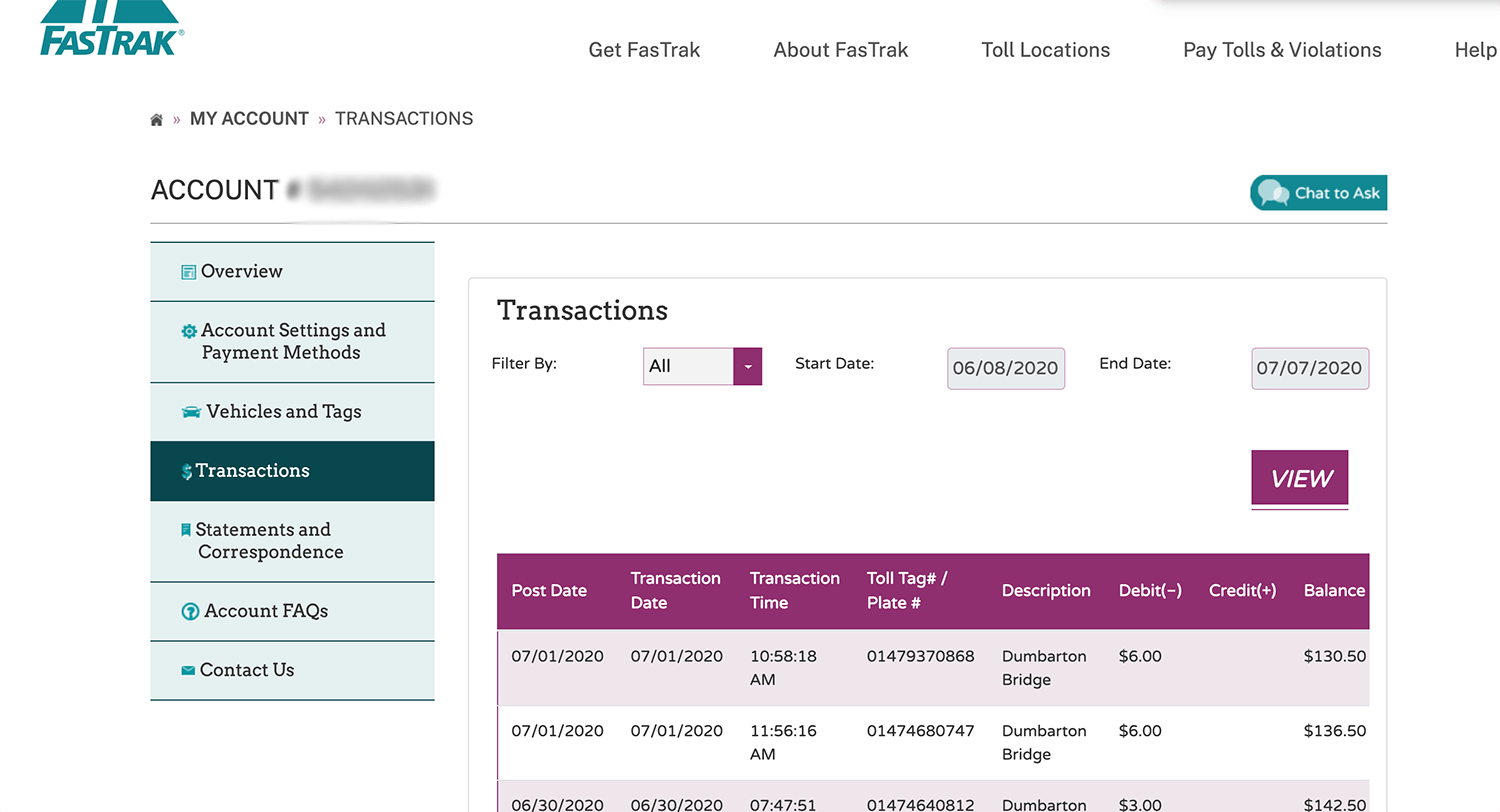 Online account dashboard showing a transaction history table with filters and teal sidebar navigation. | Adaptive Fleet Management
