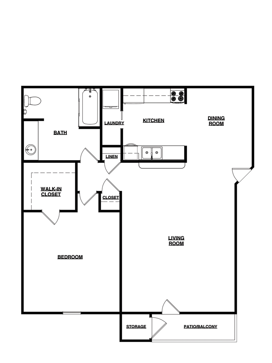 Floor plan of a one-bedroom apartment with a living room, kitchen, bathroom, and bedroom.