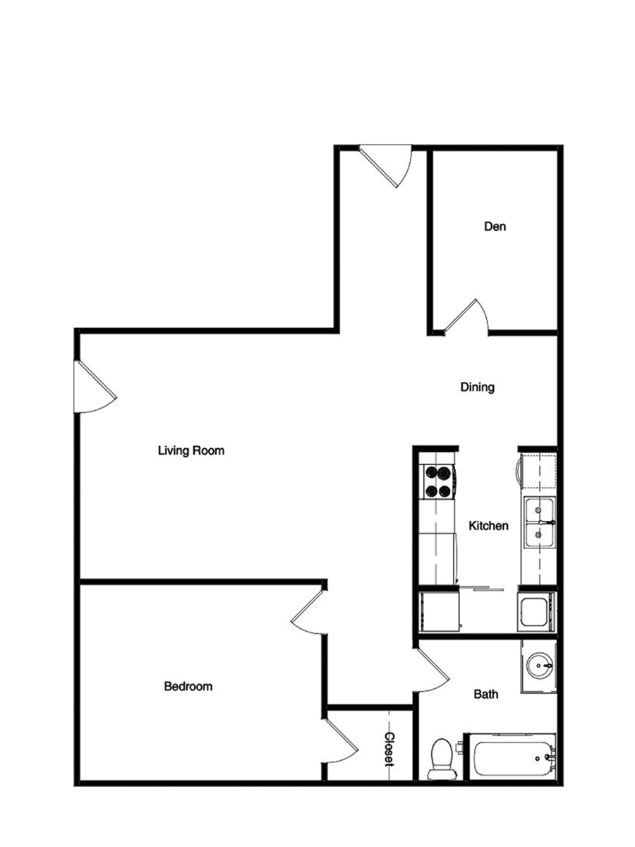 Floor plan of an apartment with a bedroom, living room, kitchen, dining area, and bathroom.
