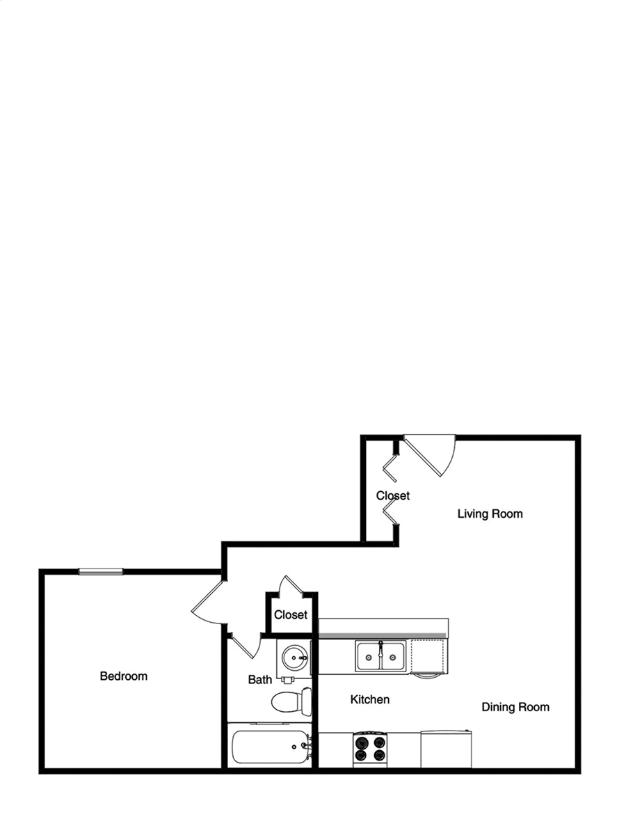 Floor plan of an apartment; includes a bedroom, bathroom, kitchen, dining area, living room, and a terrace.