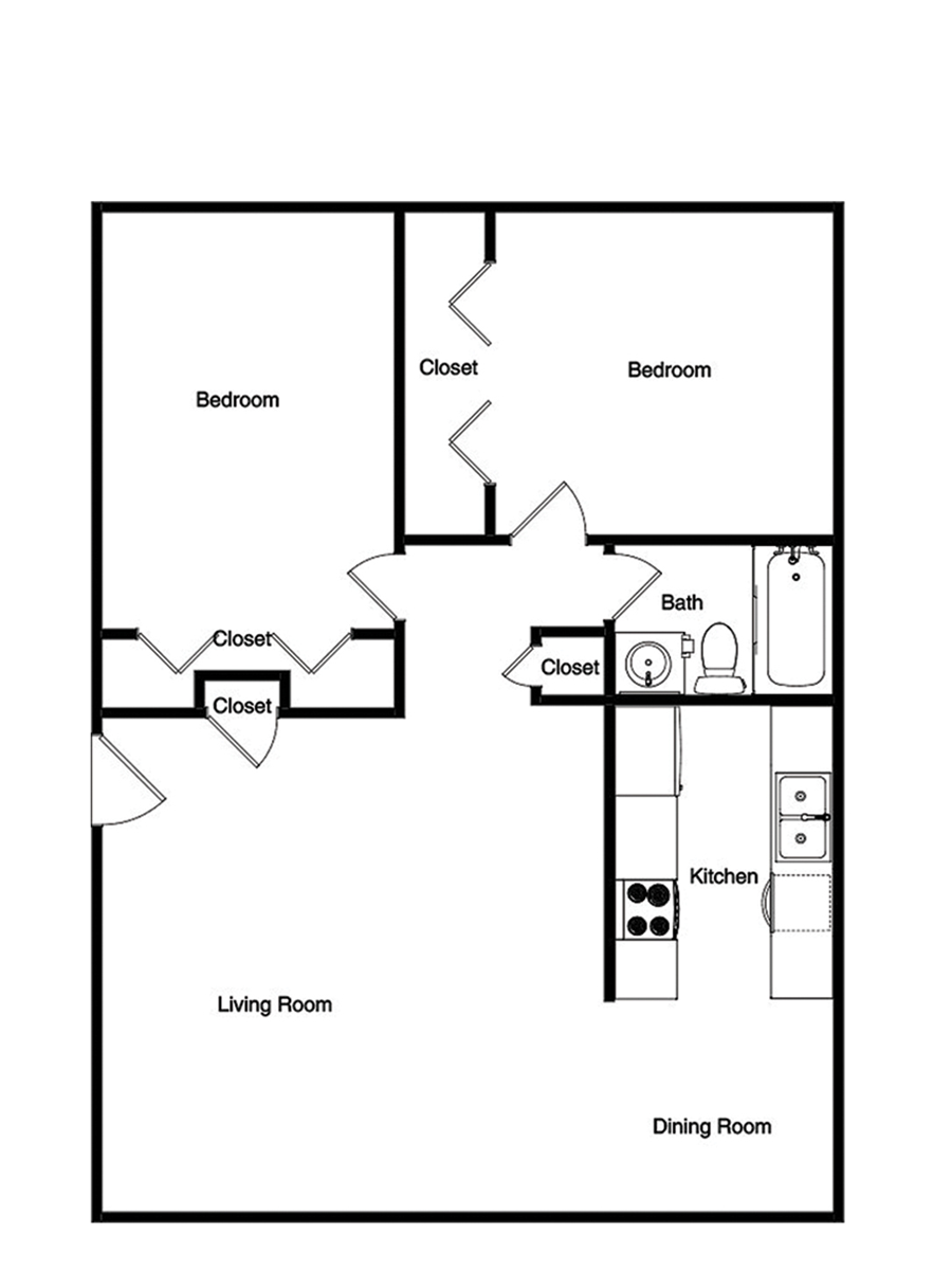Floor plan of a two-bedroom apartment with a kitchen, living room, dining room, and bathroom.