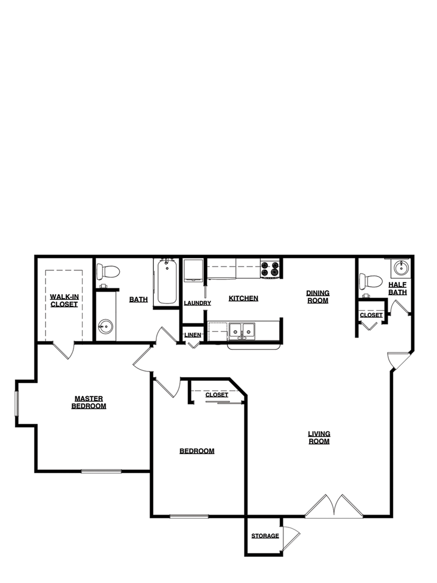Floor plan of an apartment, showing rooms, doors, windows, and appliances like a stove.