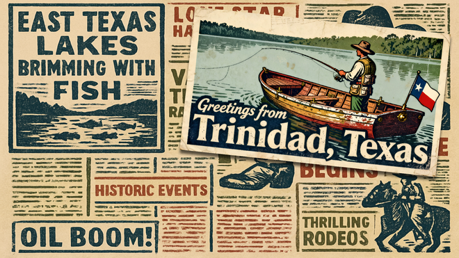 Vintage Texas travel posters: East Texas lakes, Trinidad, and oil boom, in bold retro colors