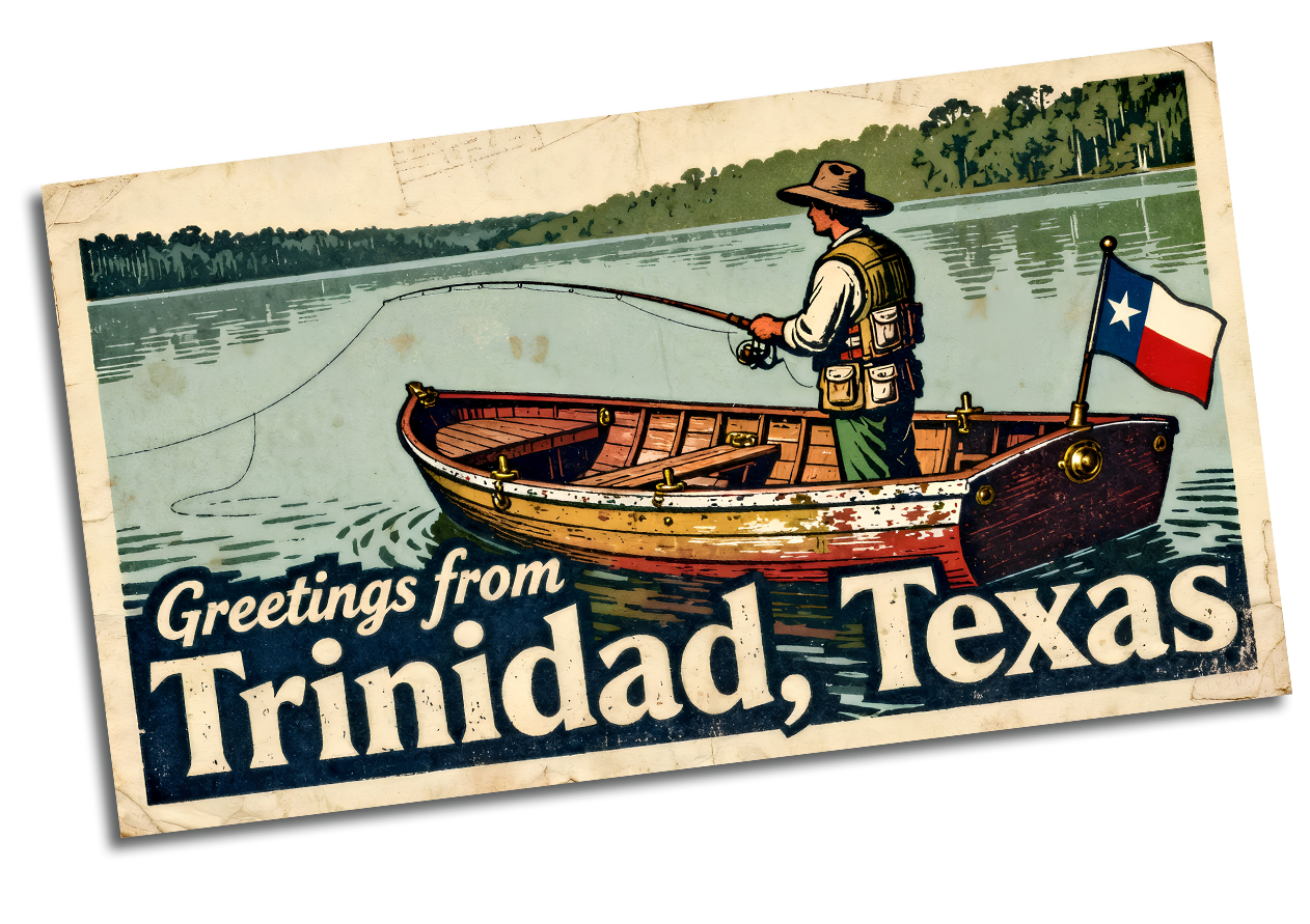 A fisherman in a boat on a lake, waving a Texas flag. 