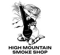 The logo for High Mountain Smoke Shop shows a woman kneeling down holding a bong.
