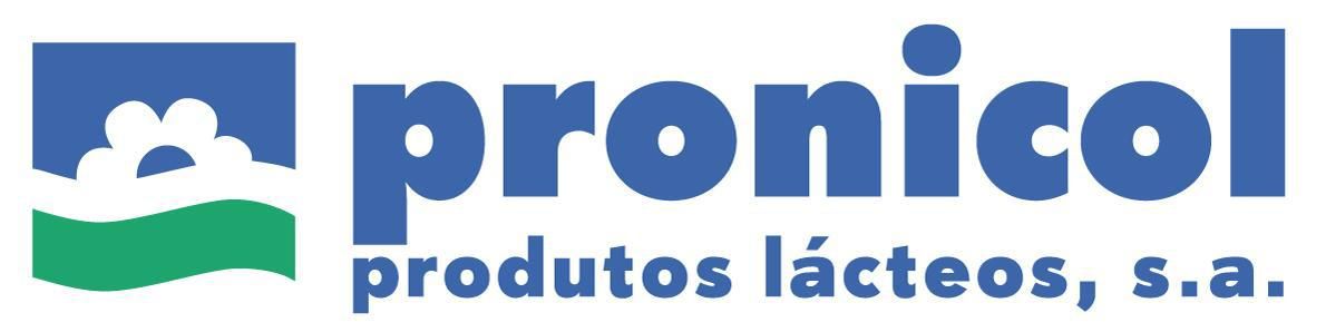 Logo for Pronicol dairy products, featuring a blue square with a white flower, green wave, and blue text.
