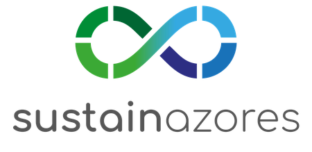 Logo for Sustain Azores, infinity symbol in shades of green and blue above text.