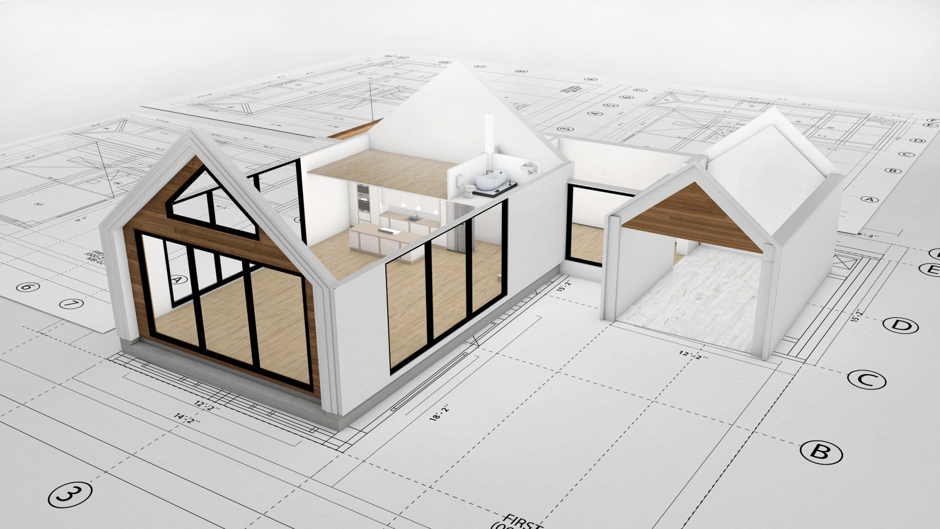 Rendering 3D di una casa moderna sopra un progetto, che mette in mostra la planimetria aperta e le ampie finestre.