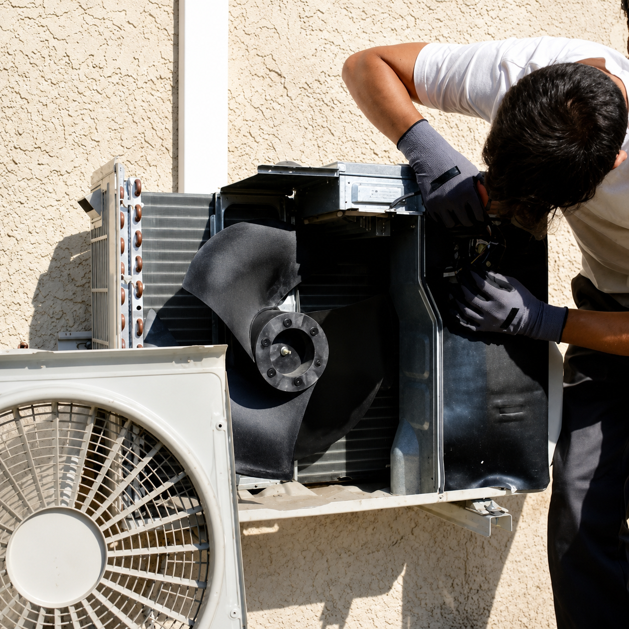 Technician replacing a black air conditioner unit on an exterior wall beside a fan unit