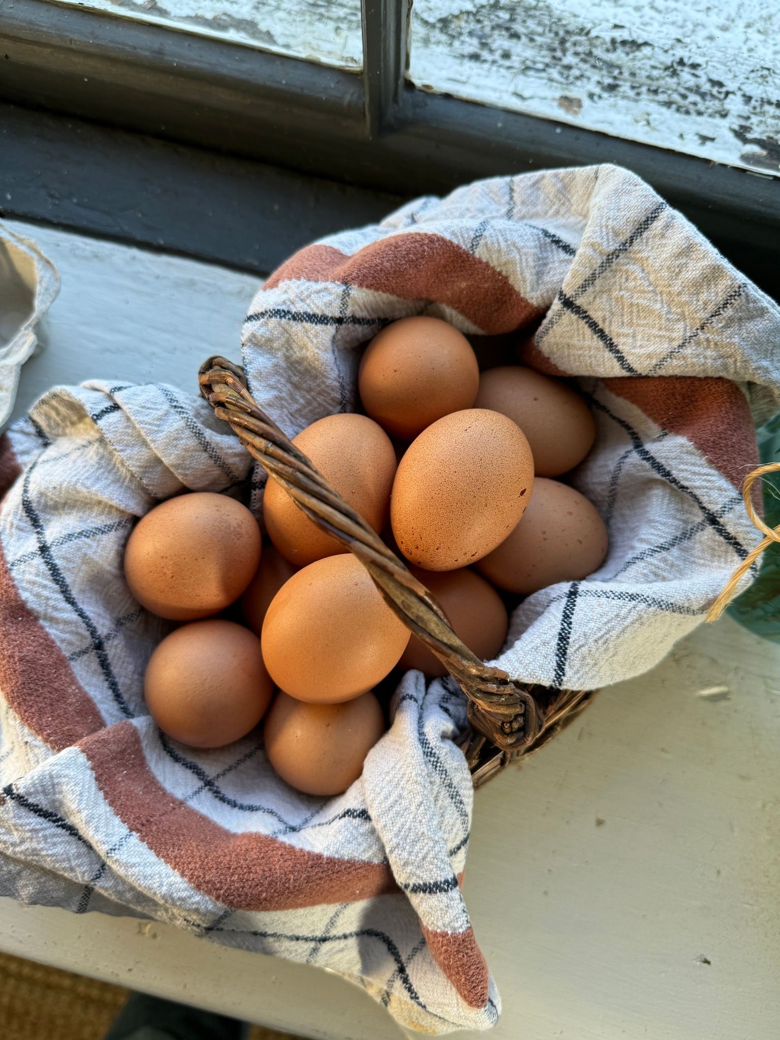 A basket filled with eggs is sitting on a table next to a window.