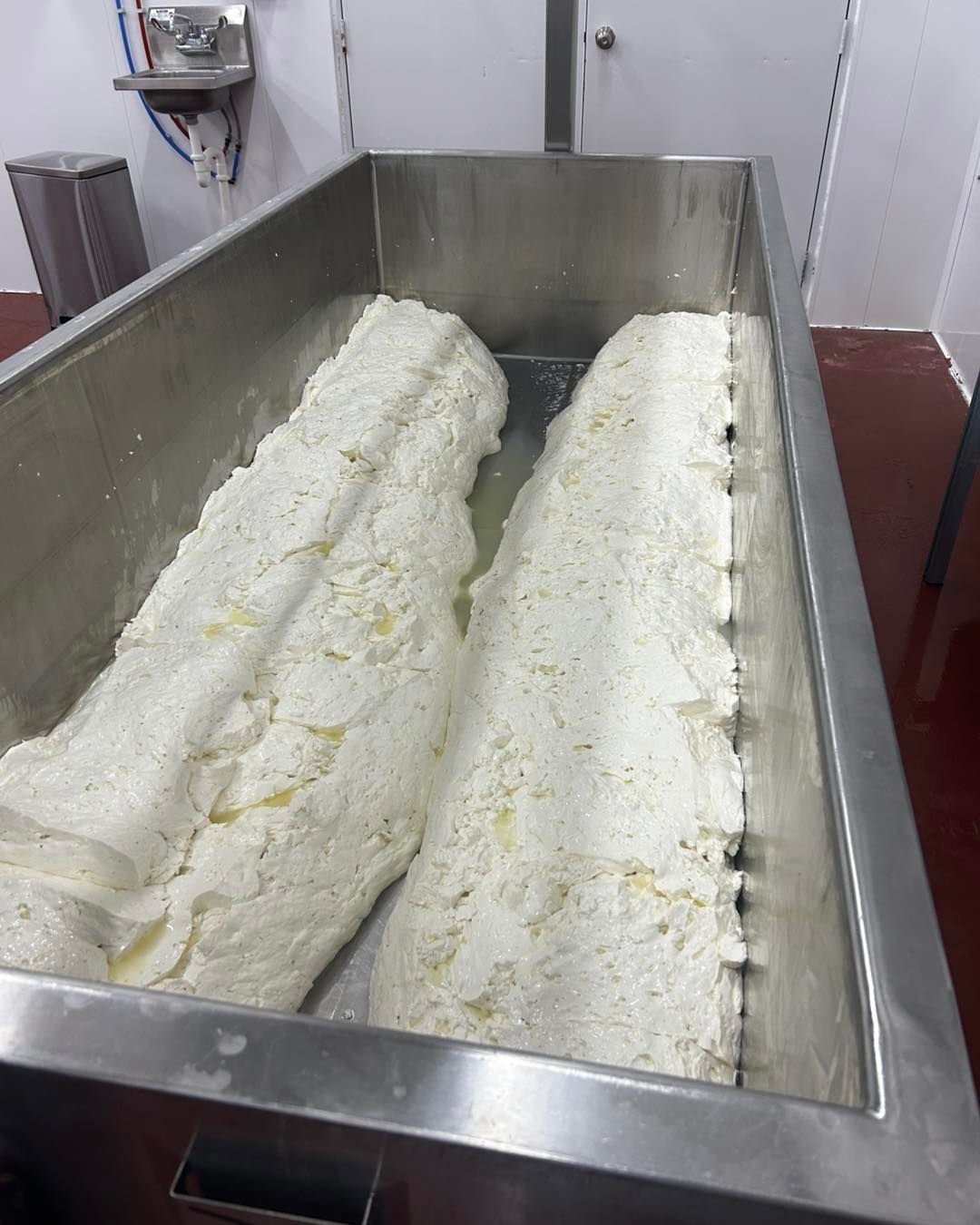 Two pieces of cheese are sitting in a stainless steel container.