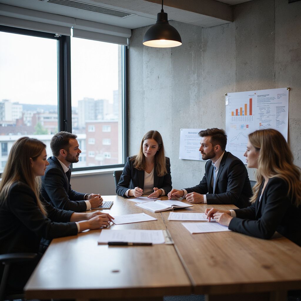 Five businesspeople in suits at a wooden conference table, discussing papers in a modern office with city views.