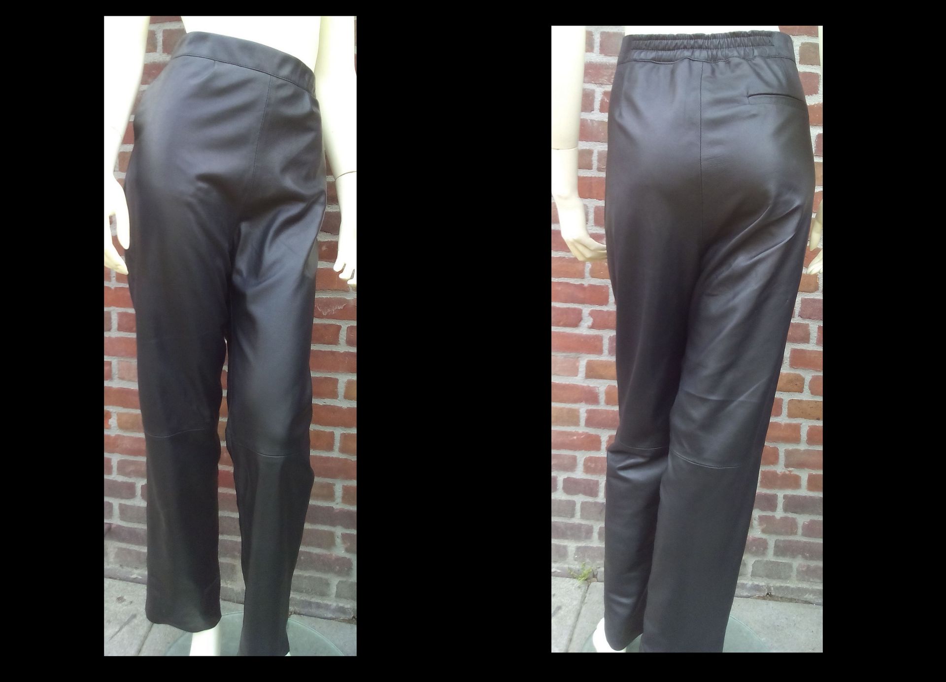 Zwarte wijde leren broek . Achter tailleband met elastiek