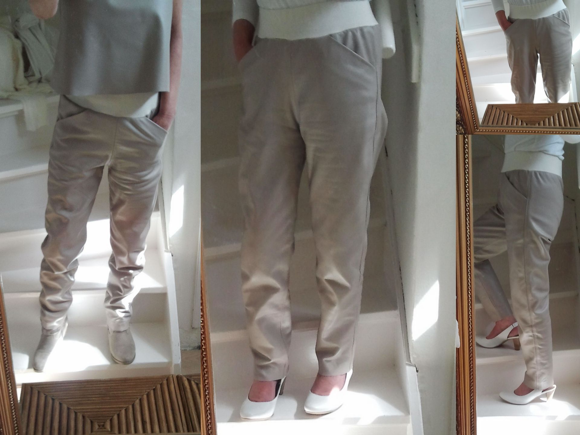 Taupe kleur leren broek- jogging model met gebreide boort