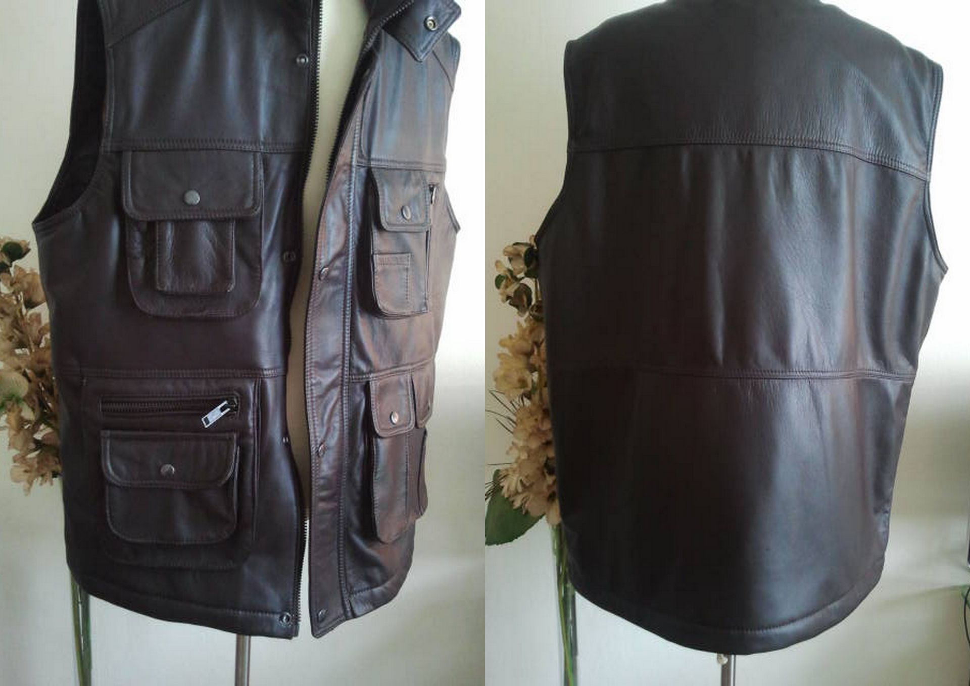Leren bodywarmer met vele zakken