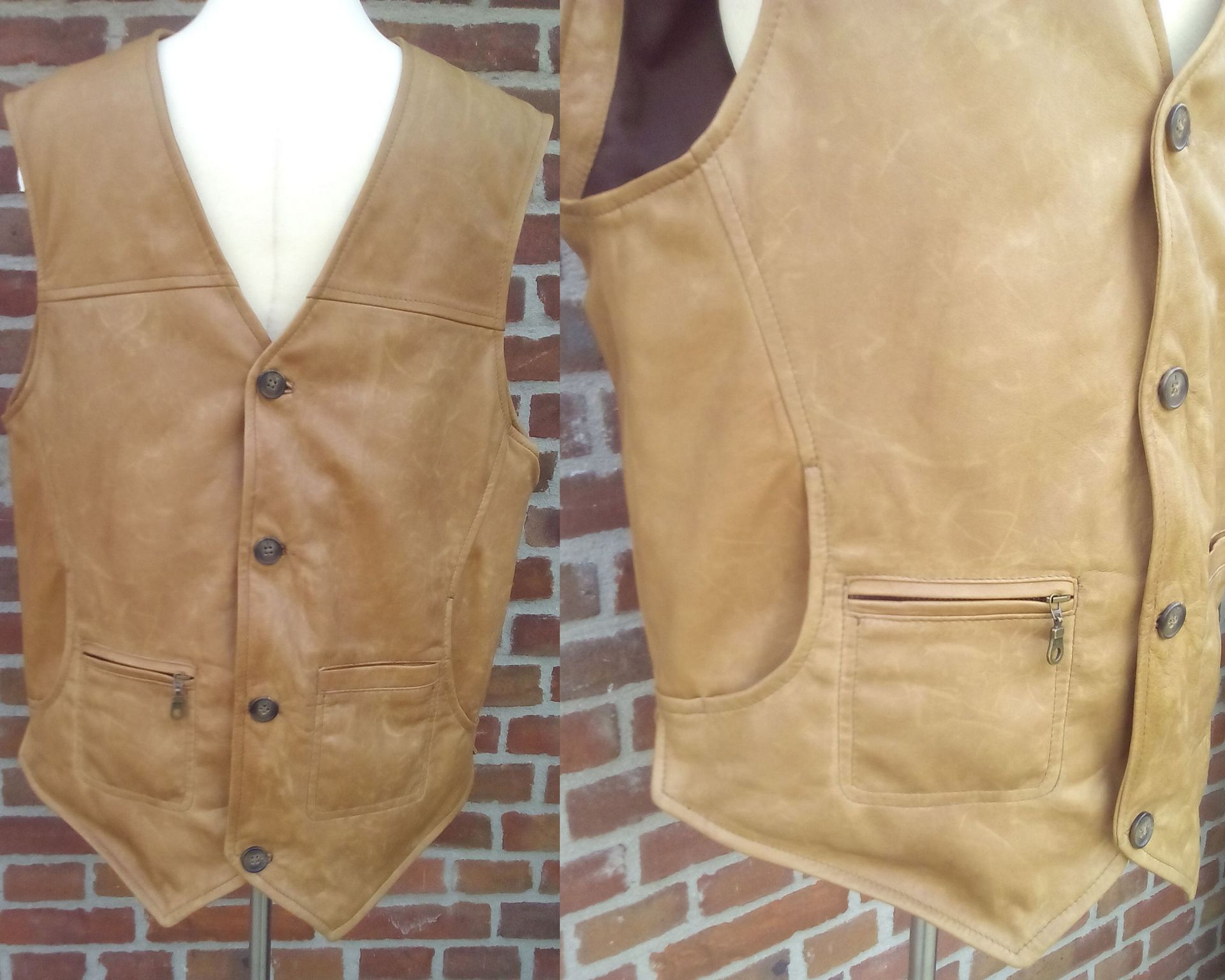 Camel leren gilet met rits en steekzakken