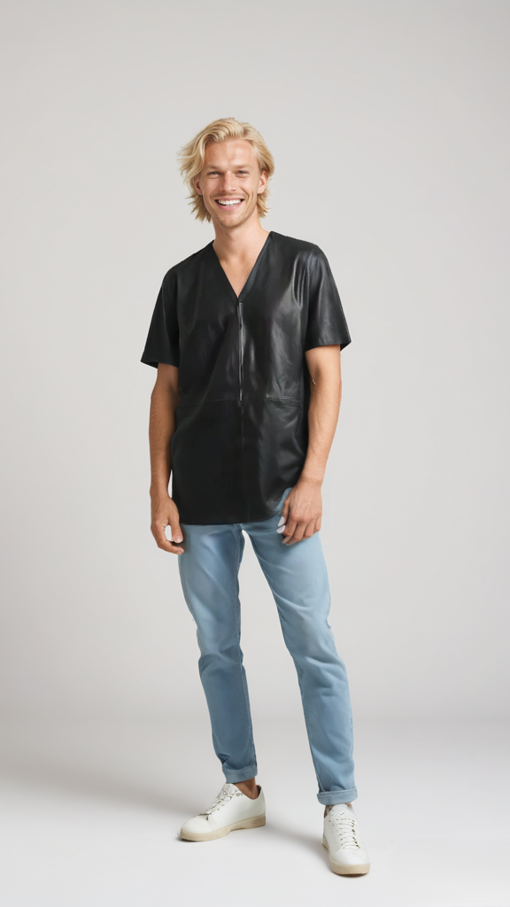 Zwart leren shirt met V hals