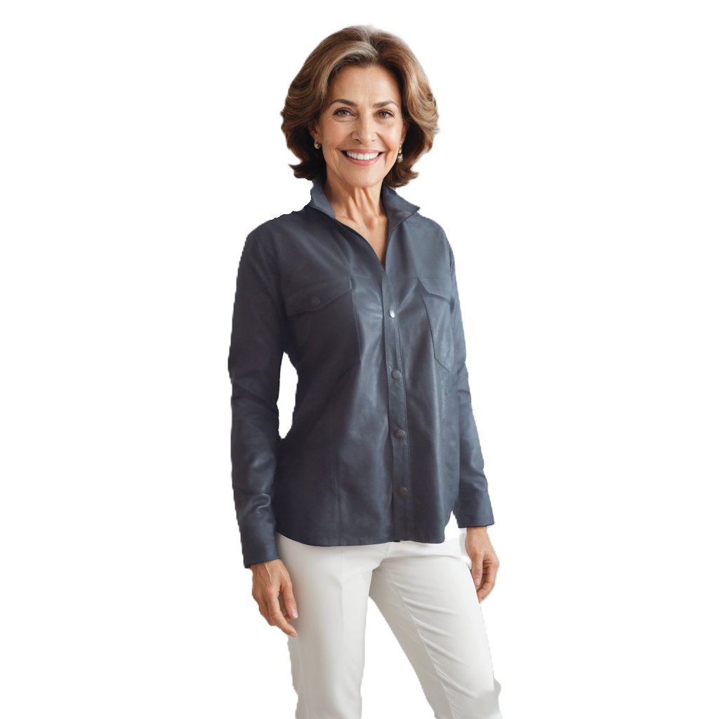 Blauwe leren blouse