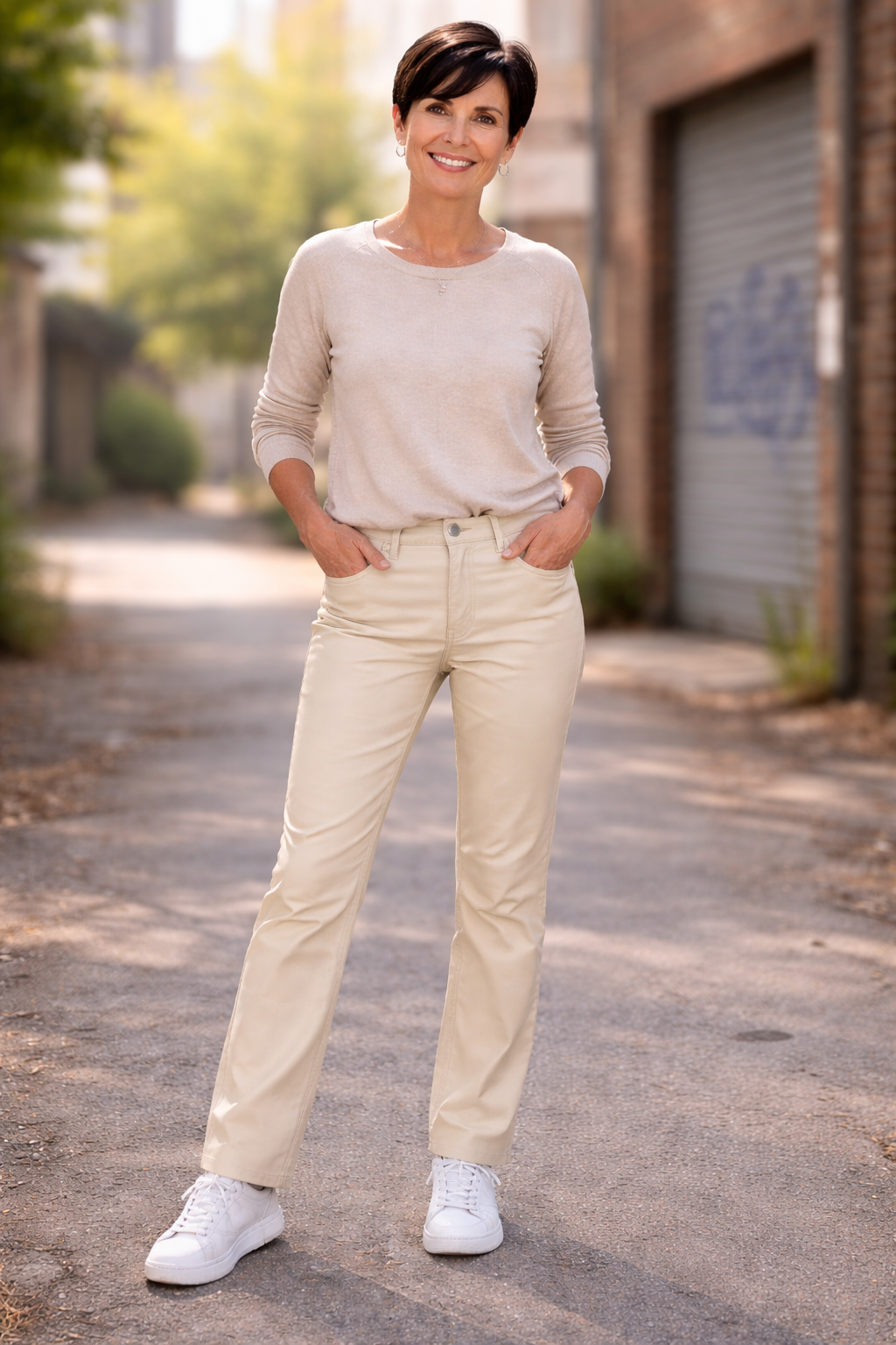 Beige rechte leren broek