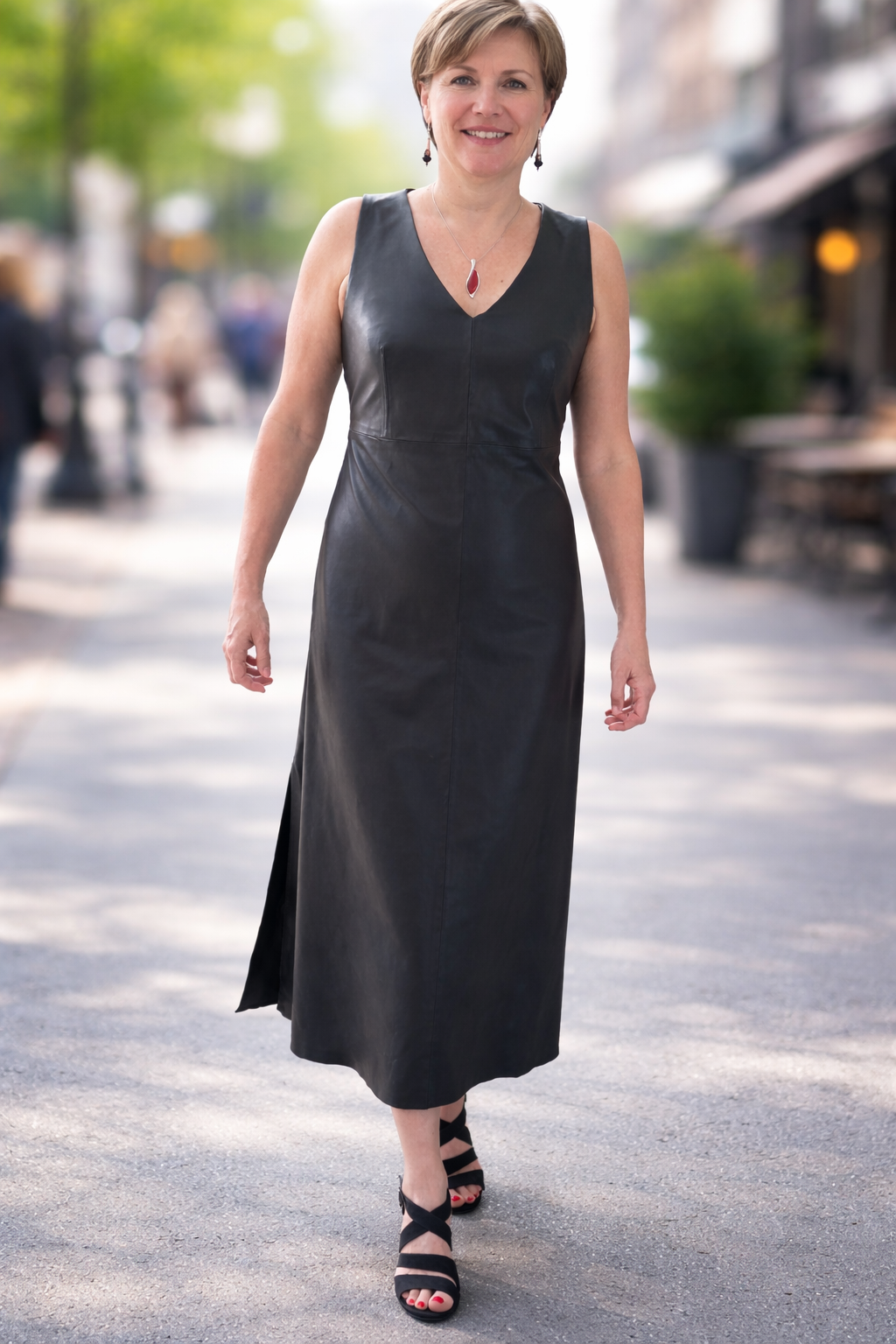Zwarte leren overhemd jurk, getailleerd model Zwarte leren blouse jurk