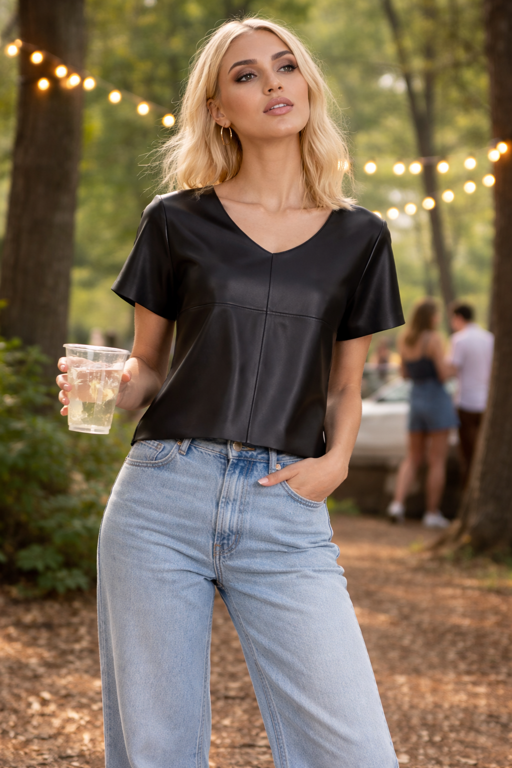 Leren dames shirt Zwart leren t, shirt met V- hals