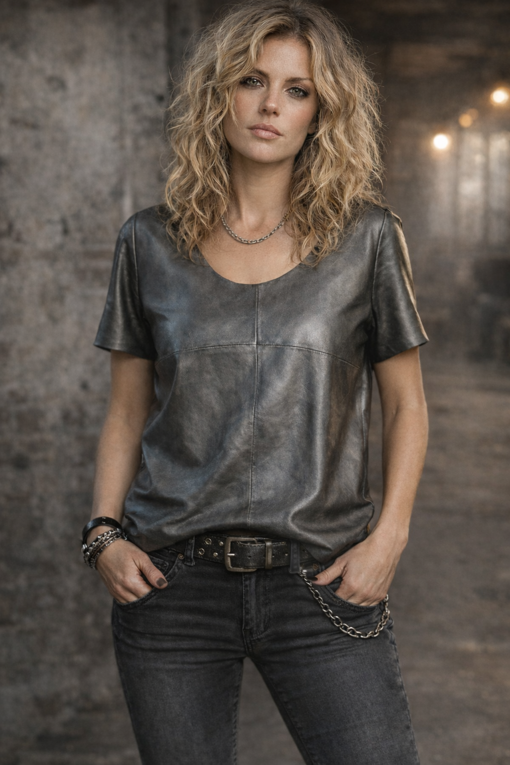 Leren T-shirt metallic