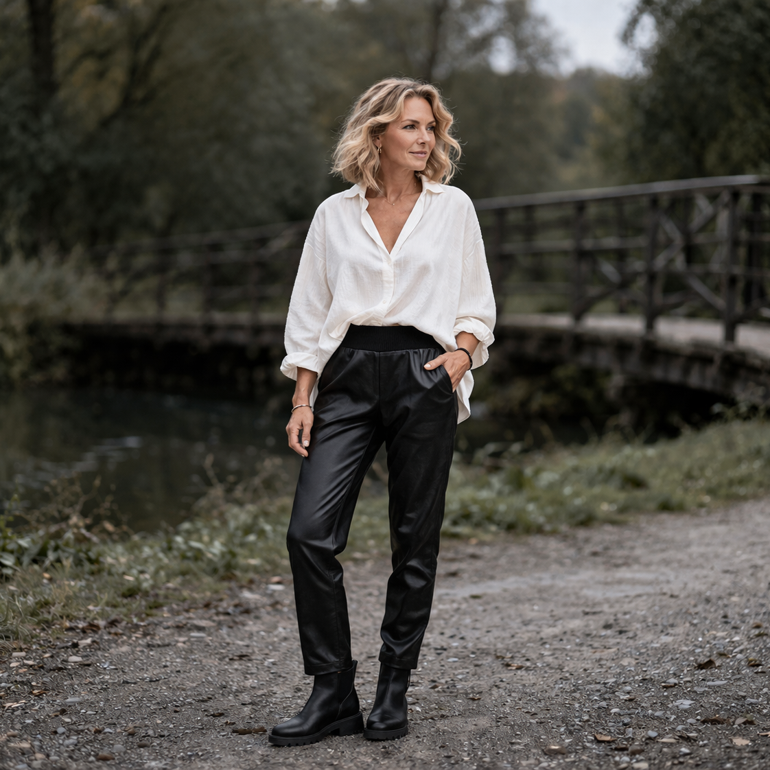 Sportieve leren jogging model broek met steekzakken. Zwarte sportieve leren broek met steekzakken en brede elastische boord in de taille
