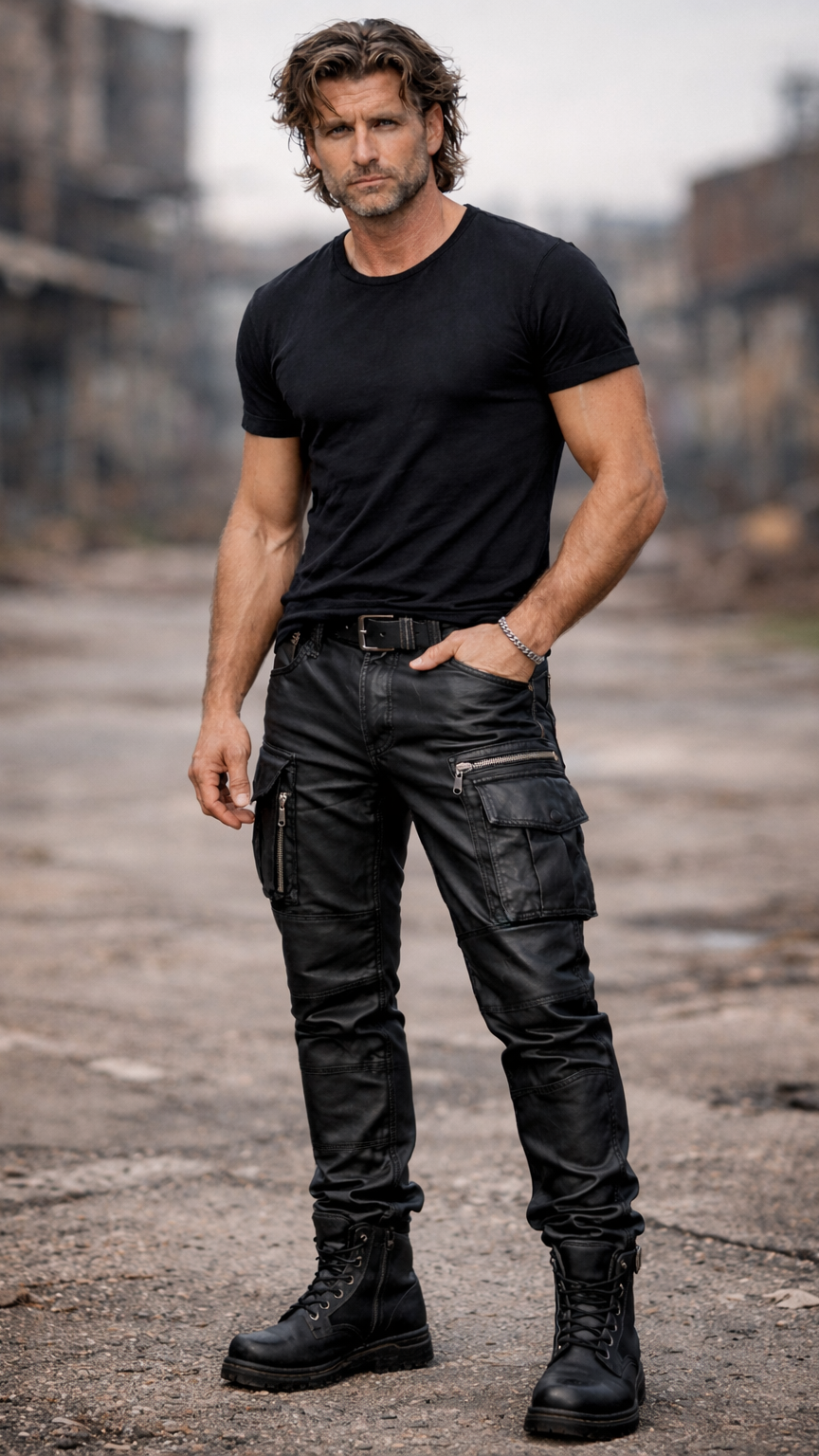 Stoere leren broek , jeans met extra ritszakken Stoere zwarte leren broek leren broek