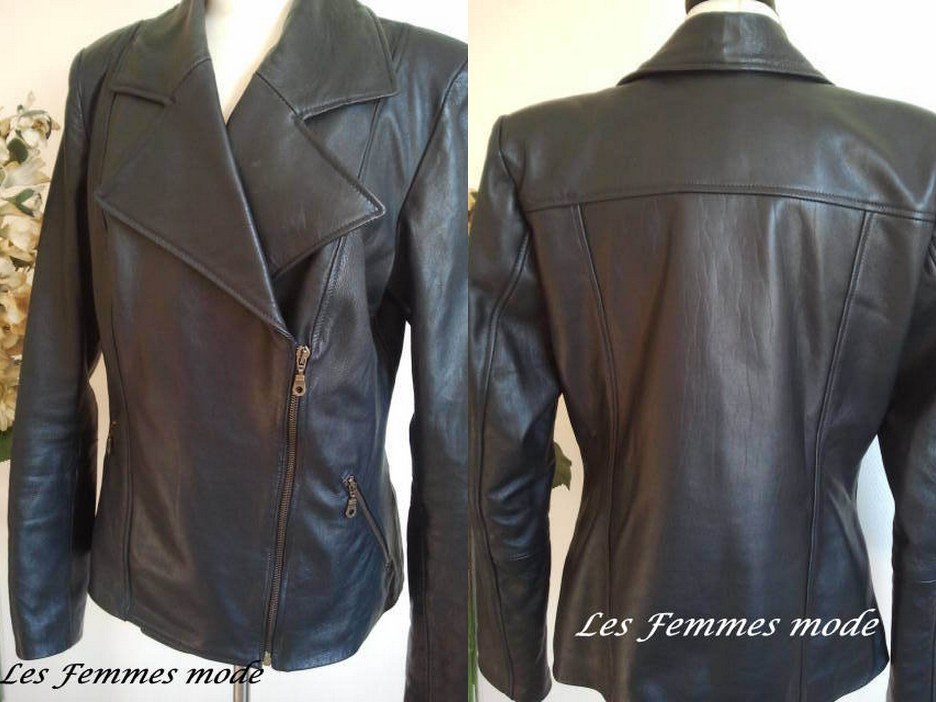 Blauwe leren bikerjack