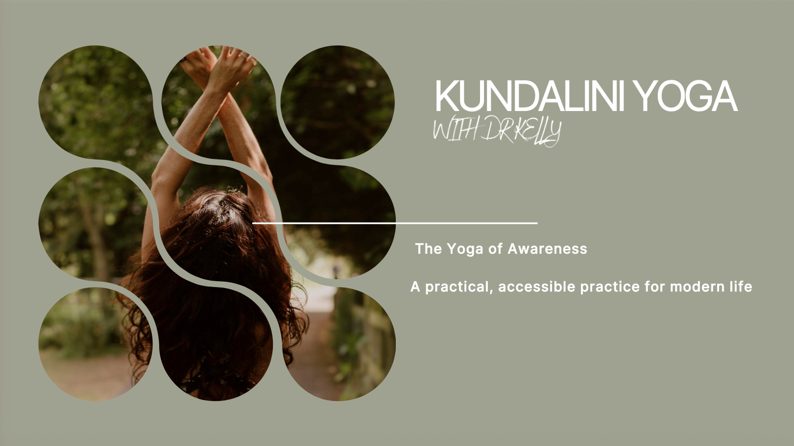 Kundalini yoga promo with a person meditating amid circular nature photos on a muted green background