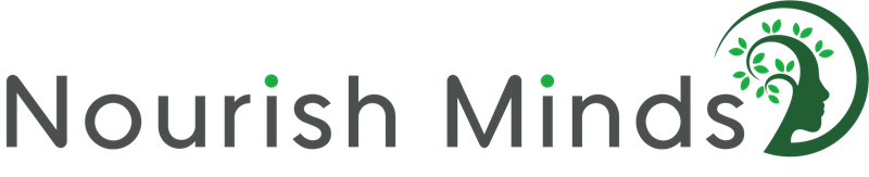 Nourish Minds logo with grey text and a green leaf forming a brain inside a circular icon