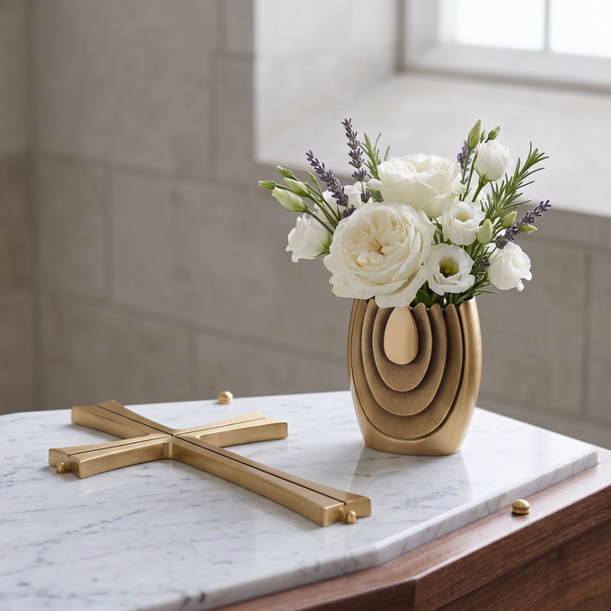 Una croce dorata poggia su una superficie di marmo bianco accanto a un vaso dorato dalla lavorazione particolare, contenente un mazzo di rose bianche e lavanda.