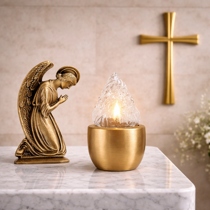 Statuetta di angelo dorata accanto a una candela accesa su un altare di marmo, con una croce dorata sulla parete.
