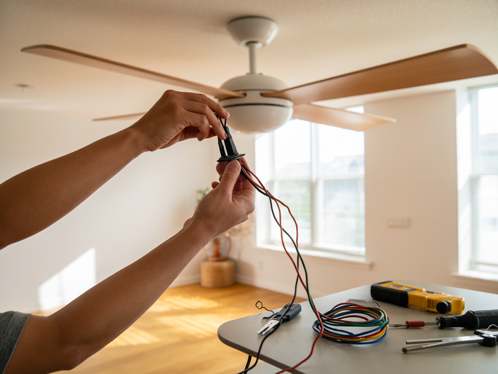 Hands wiring a ceiling fan switch in a bright room with tools on a table
