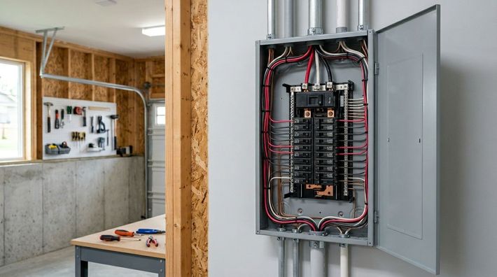 Open electrical breaker panel in a utility room under construction