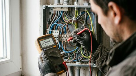 Electrician testing wiring in an open electrical panel with a multimeter.