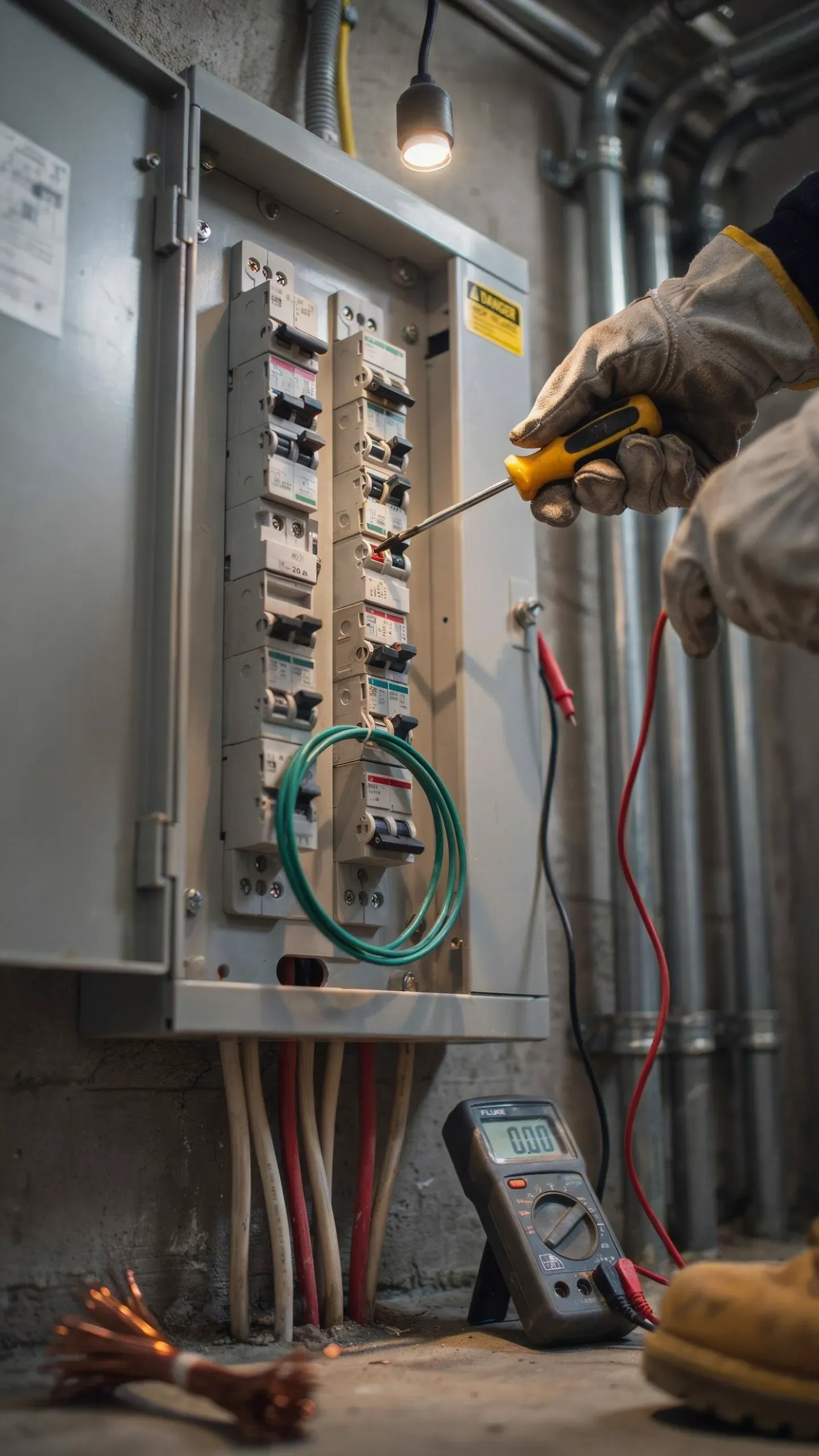 Electrician testing a breaker panel with a multimeter in a utility room