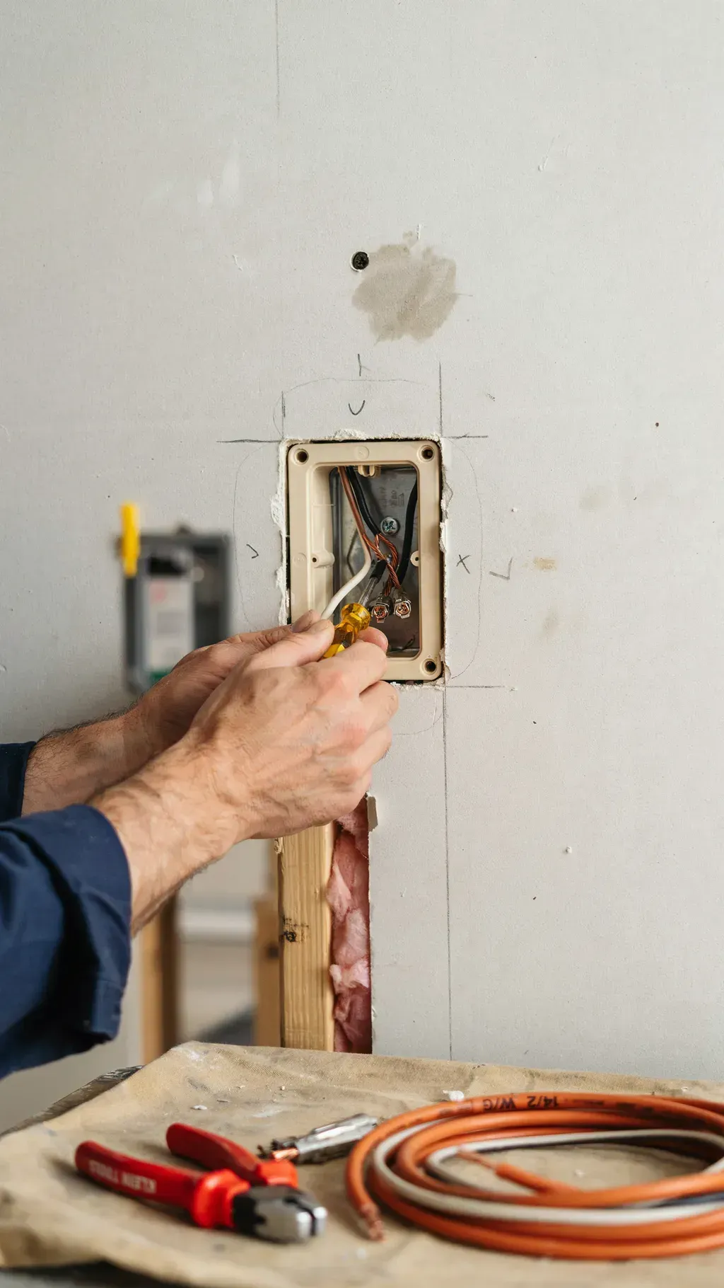 Electrician wiring a wall outlet box with exposed copper cable and tools on a workbench.